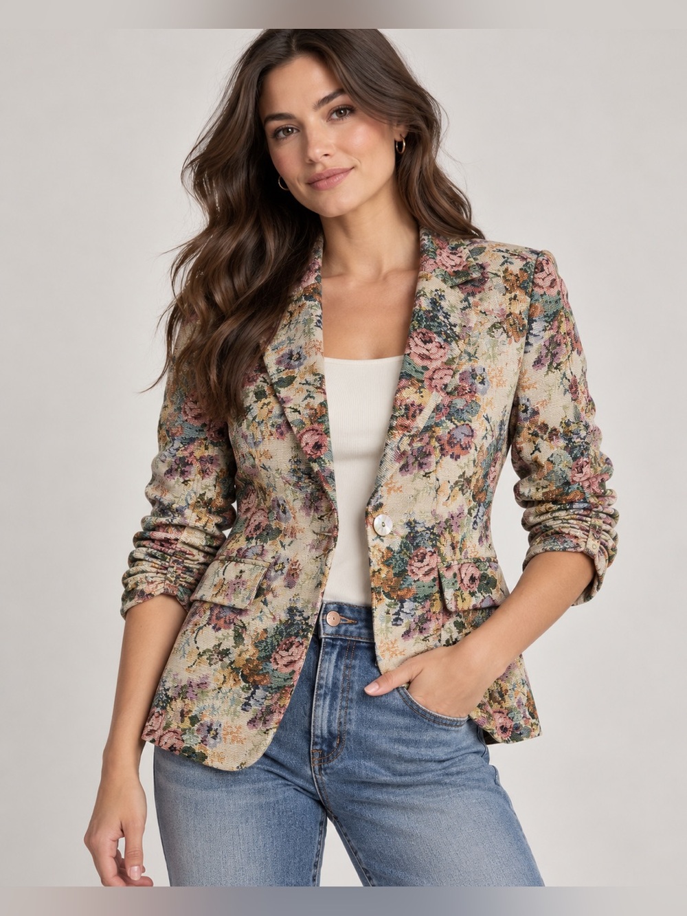 Karen Kane Floral Tapestry Blazer M Ruched 3/4 Sleeve USA Cottagecore
